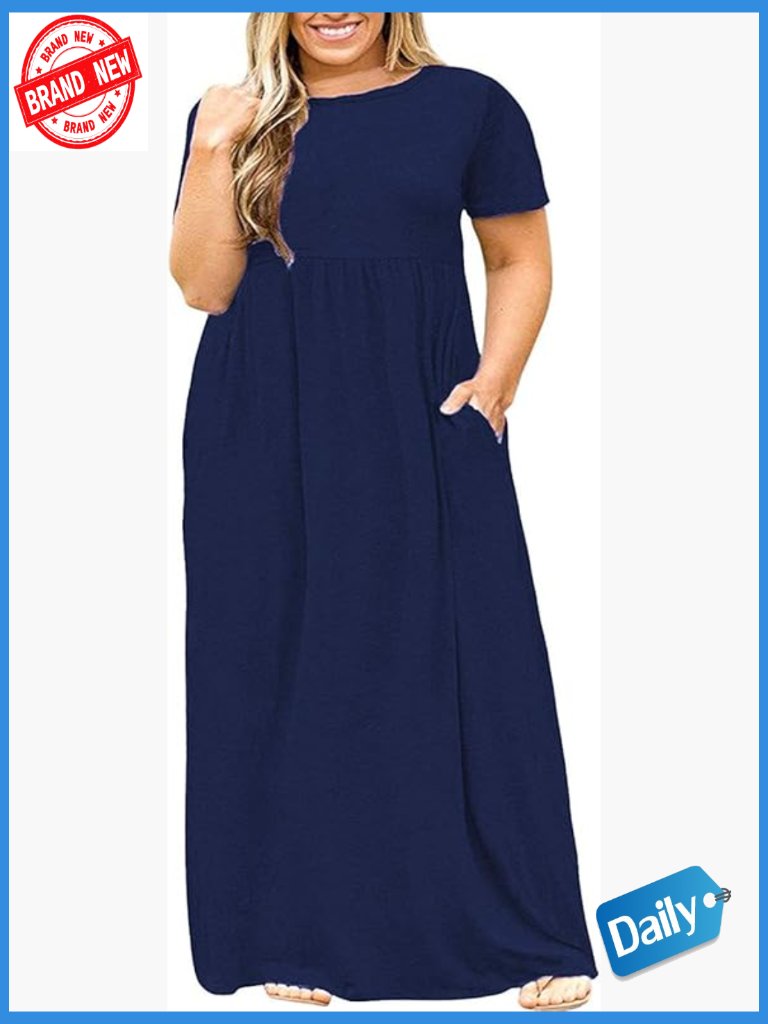Plus Size Maxi Dress With Pockets Loose Casual Short Sleeve S-Xl